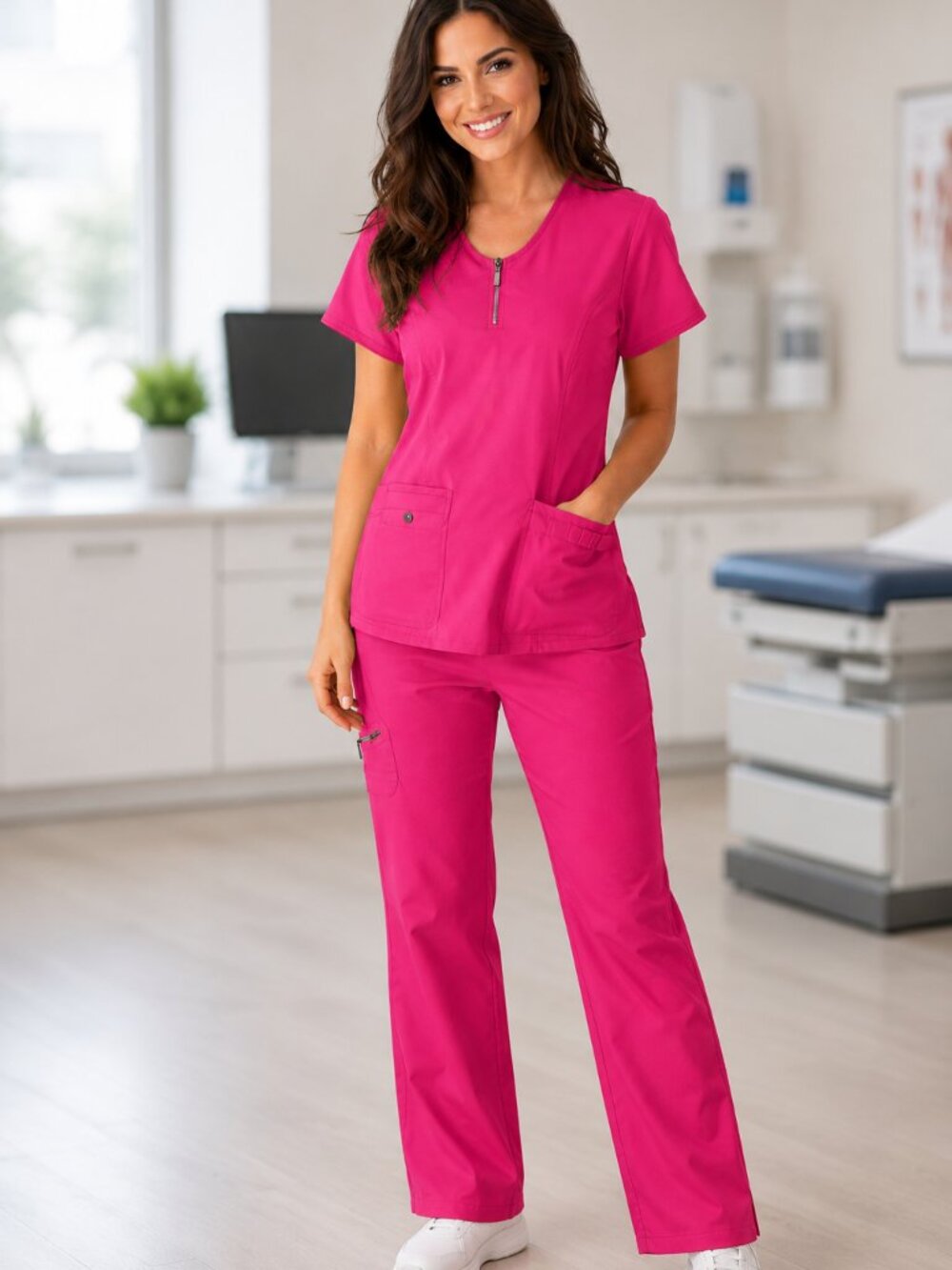 Beyond Scrubs Pink Scrub Set Small Stretch Zip Pocket Medspa Nurse NWOT